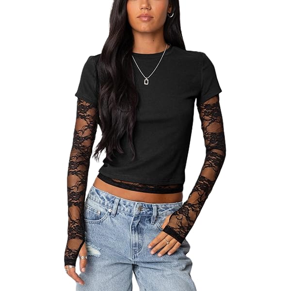 Layered Lace Sleeve Shirt for Women Y2K Sheer Mesh Lace